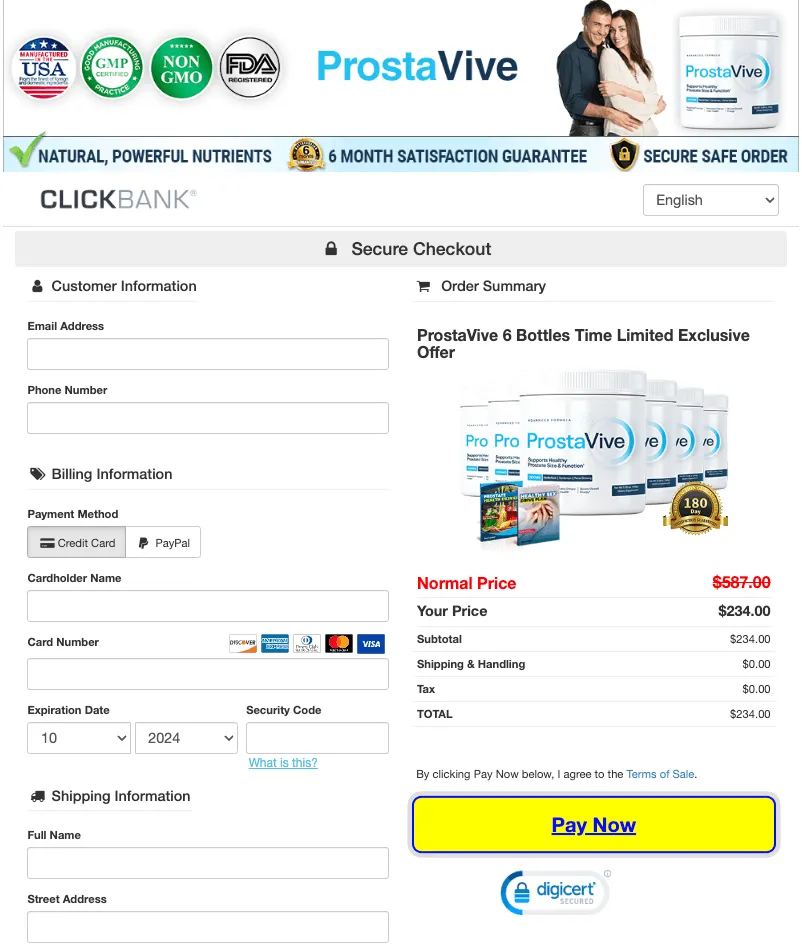 secure ProstaVive supplement checkout page with multiple payment options